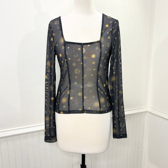 Noisy May Size M Top Sheer Celestial Zodiac Corset Mesh Long Sleeve Goth Witchy - Picture 13 of 15
